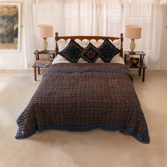 Dark Brown Ajrak Print with Indigo Polka-dot Border Cotton Double Dulai Quilt