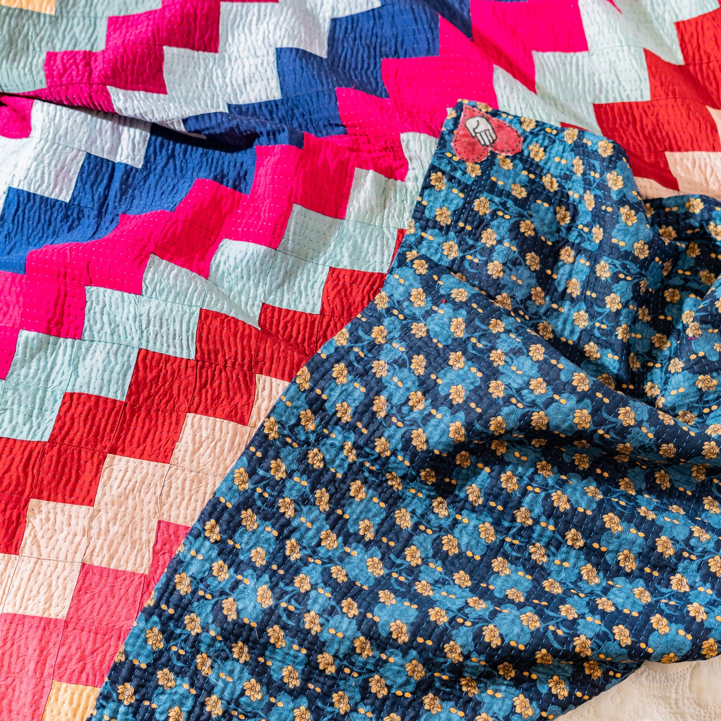 Silk Whisper Patchwork Ralli Quilt– Reversible Floral Back Heritage Craft from Sindh