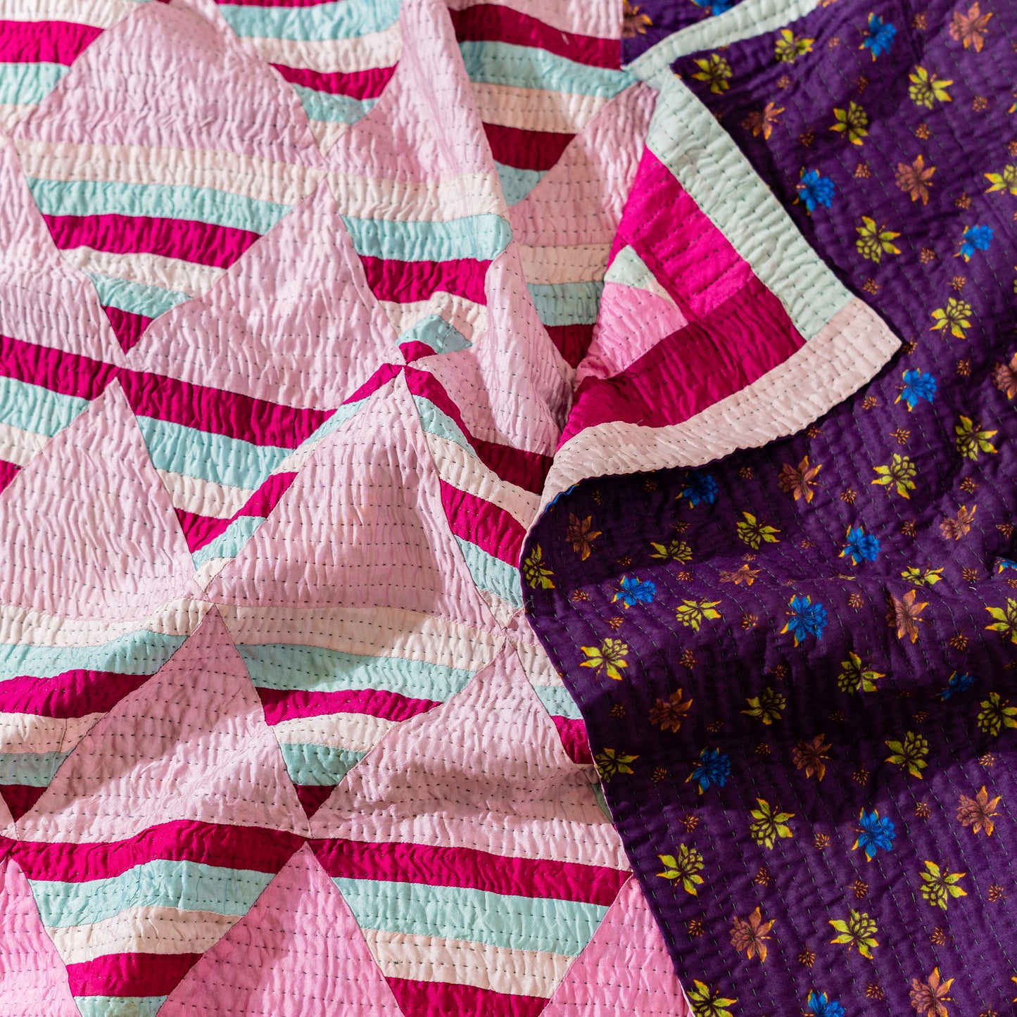 Blush Prism Patchwork Silk Ralli Quilt– Reversible Floral Back Heritage Craft from Sindh