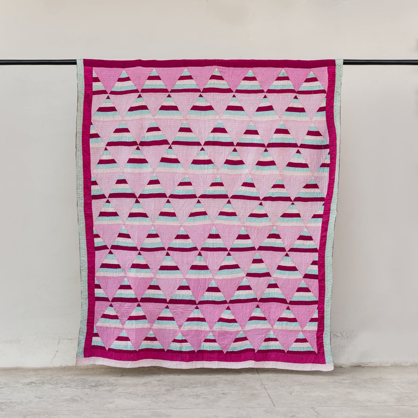 Blush Prism Patchwork Silk Ralli Quilt– Reversible Floral Back Heritage Craft from Sindh