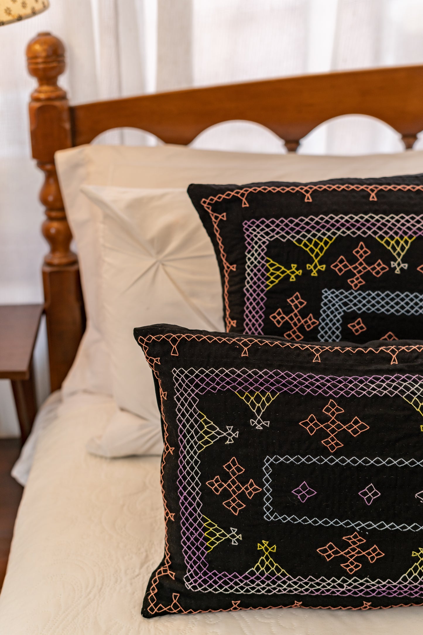 Black Yogi Hand-Embroidered Rectangular Cushion