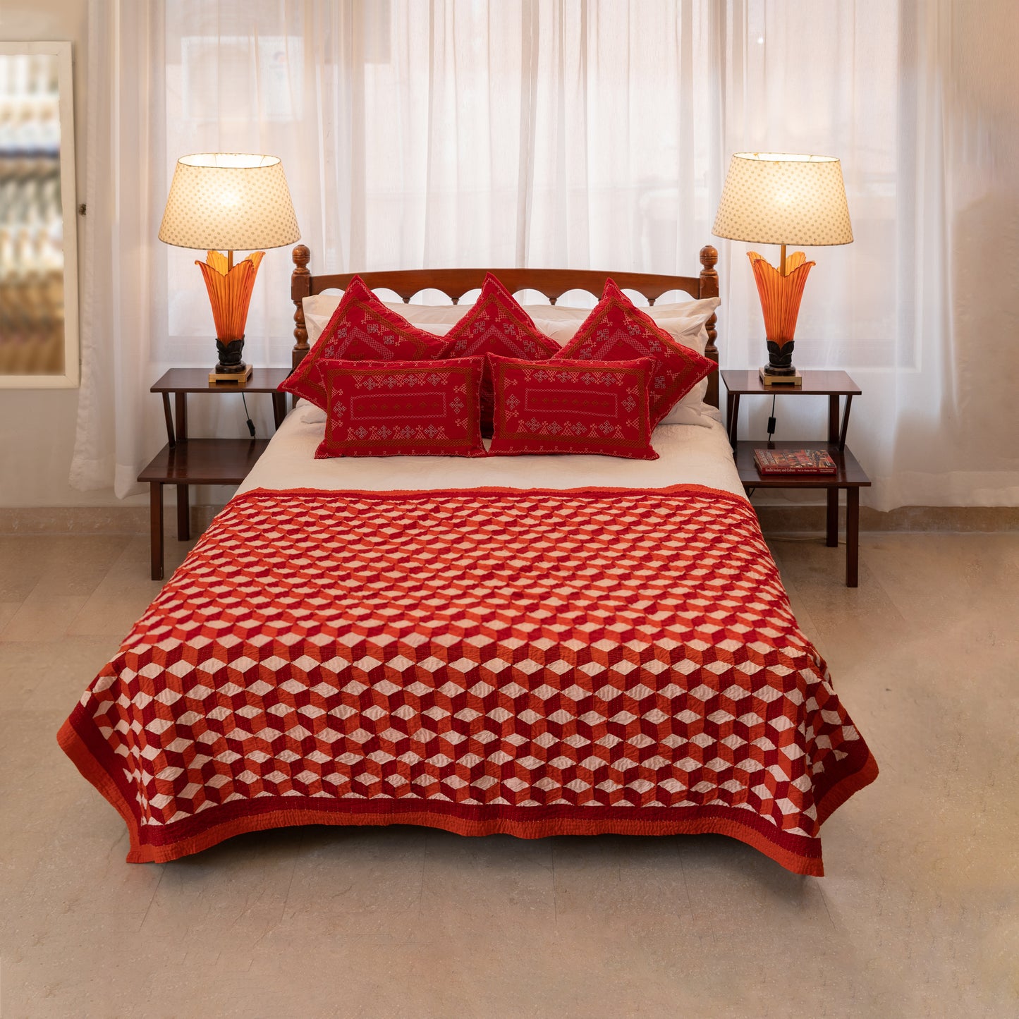 Red Yogi Hand-Embroidered Square Cushion• Handmade • Heritage Craft from Sindh