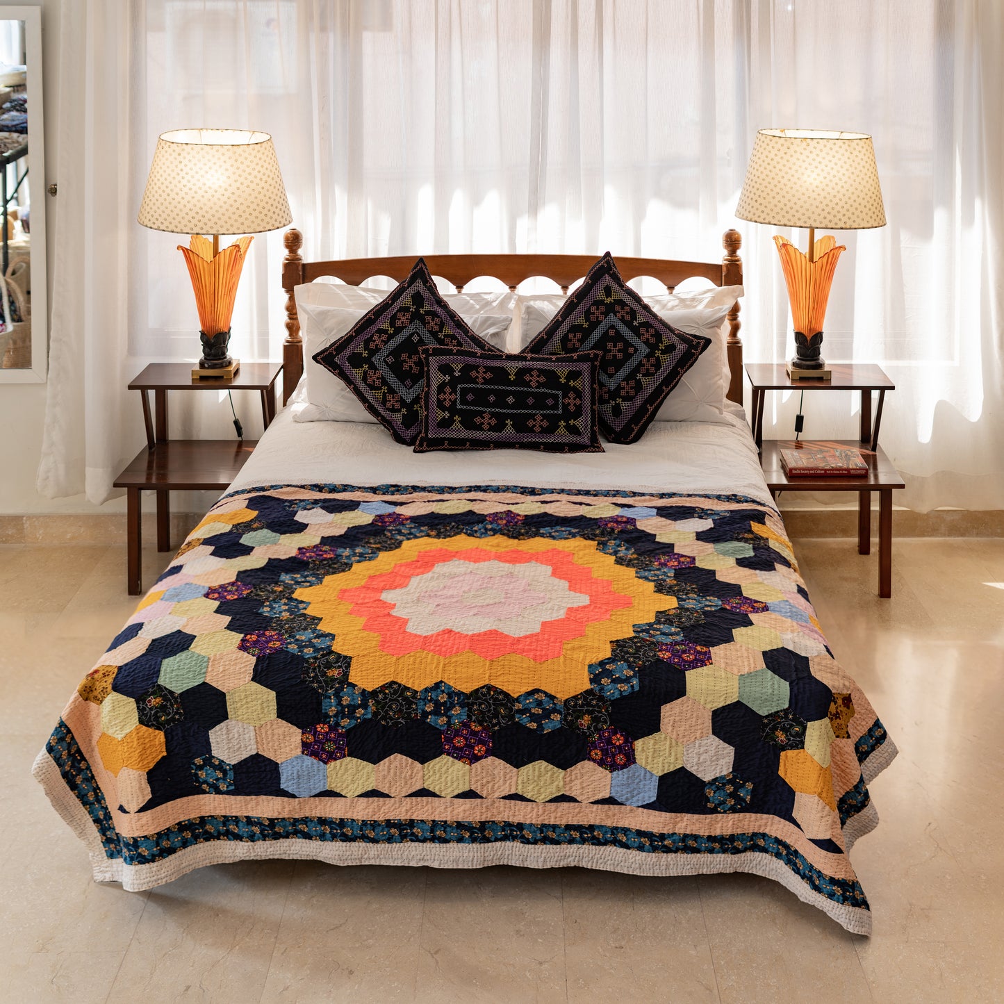 Sunburst Honeycomb Patchwork Ralli Quilt Handmade • Pure Cotton • Heritage Craft from Sindh