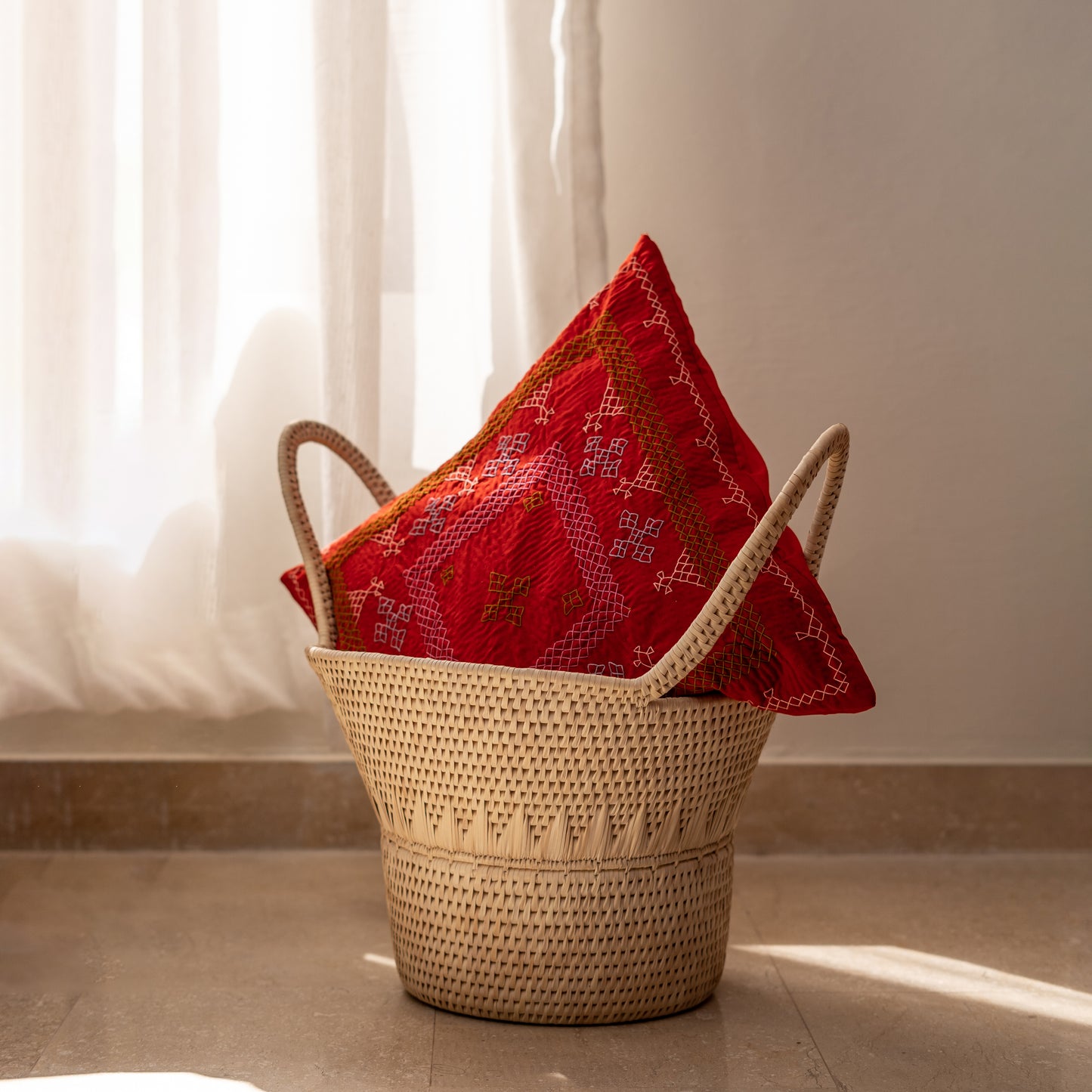 Red Yogi Hand-Embroidered Square Cushion• Handmade • Heritage Craft from Sindh