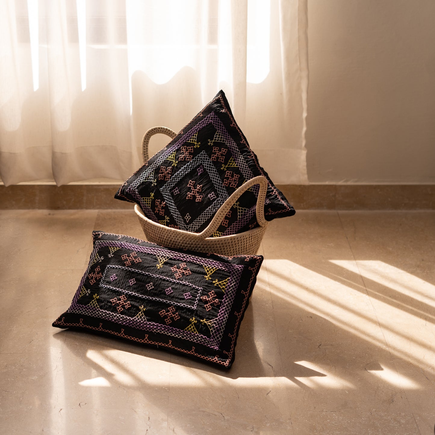 Black Yogi Hand-Embroidered Rectangular Cushion
