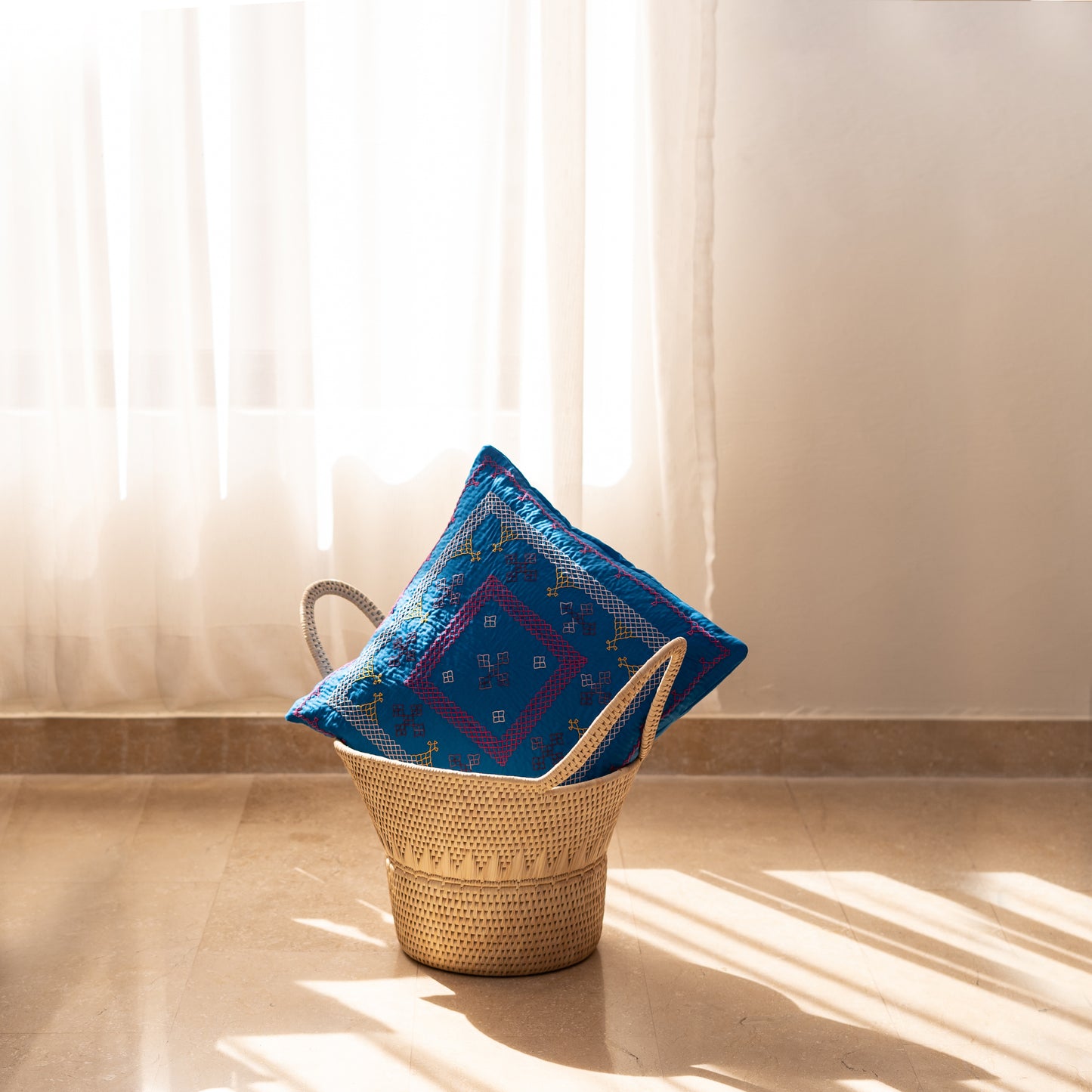 Turquoise Blue Yogi Hand-Embroidered Square Cushion