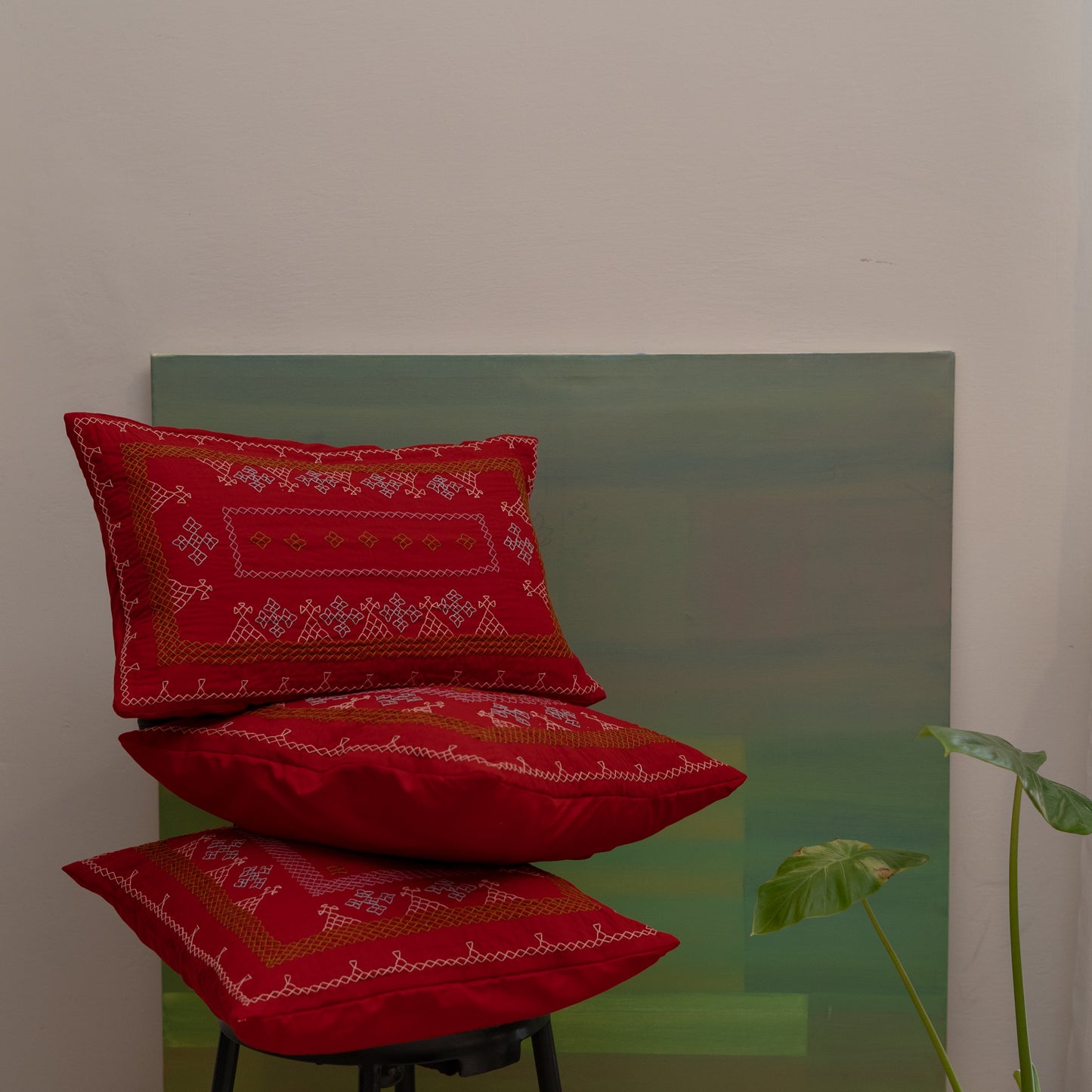 Red Yogi Hand-Embroidered Square Cushion• Handmade • Heritage Craft from Sindh