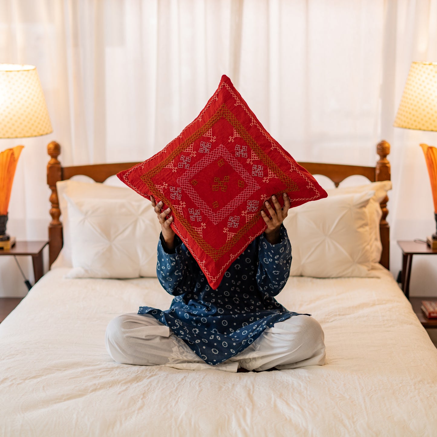 Red Yogi Hand-Embroidered Square Cushion• Handmade • Heritage Craft from Sindh