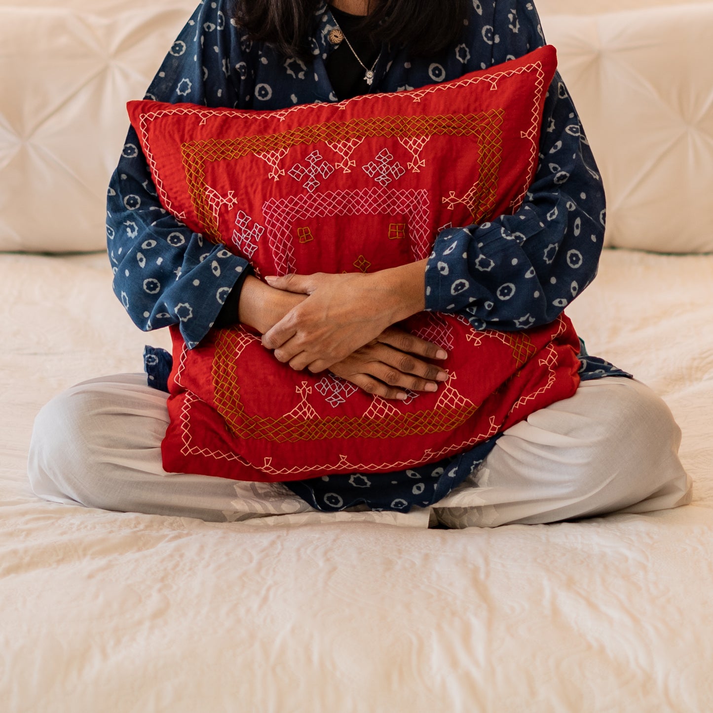 Red Yogi Hand-Embroidered Square Cushion• Handmade • Heritage Craft from Sindh