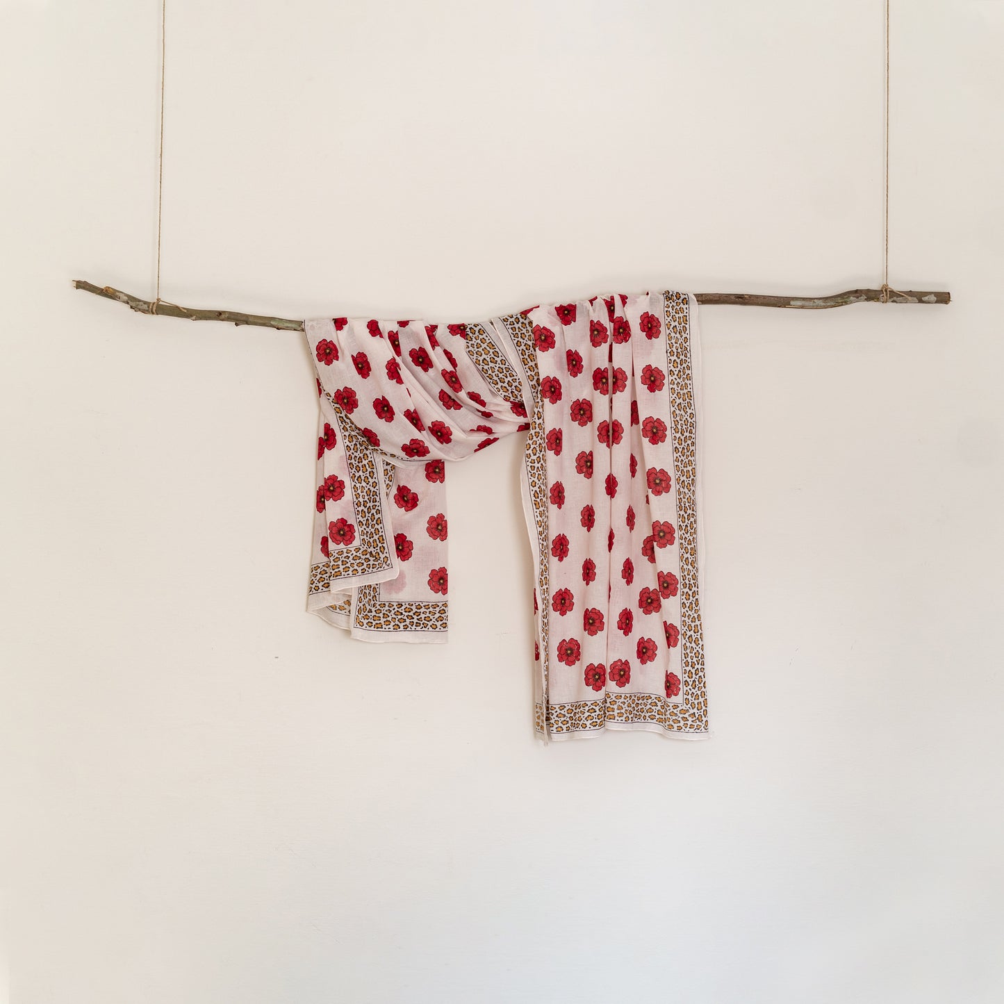 The Red Poppy Hand-Block Printed Scarf  With Leopard Border🌹