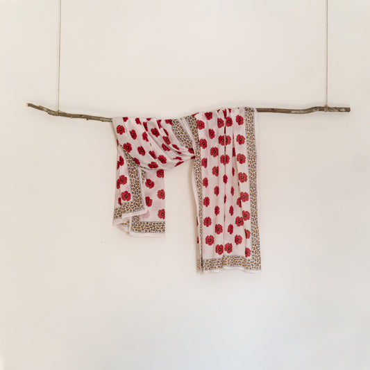The Red Poppy Hand-Block Printed Scarf  With Leopard Border🌹