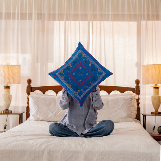 Turquoise Blue Yogi Hand-Embroidered Square Cushion
