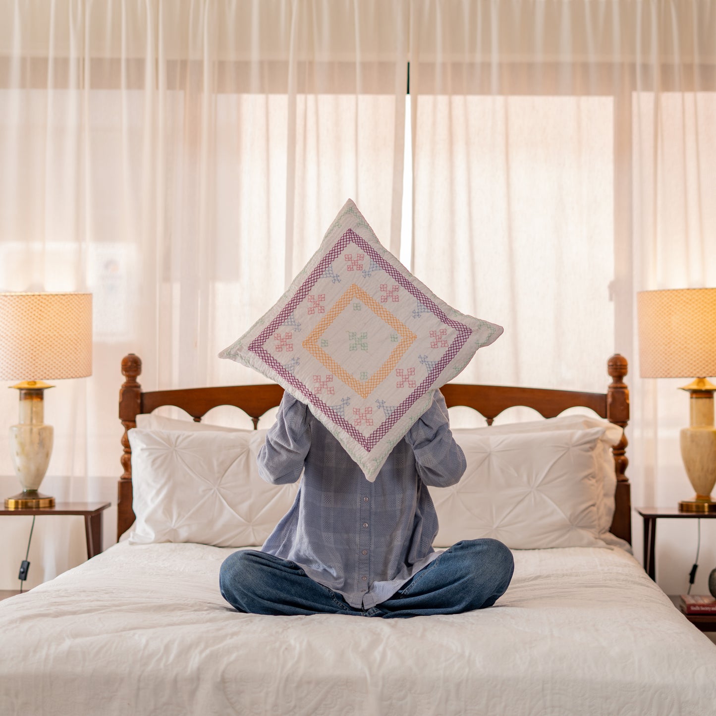 White Yogi Hand-Embroidered Square Cushion