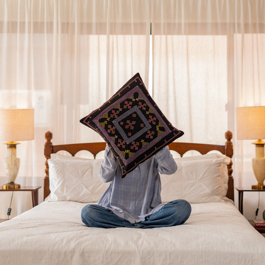 Black Yogi Hand-Embroidered Square Cushion
