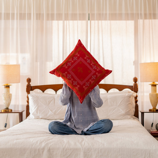 Red Yogi Hand-Embroidered Square Cushion• Handmade • Heritage Craft from Sindh