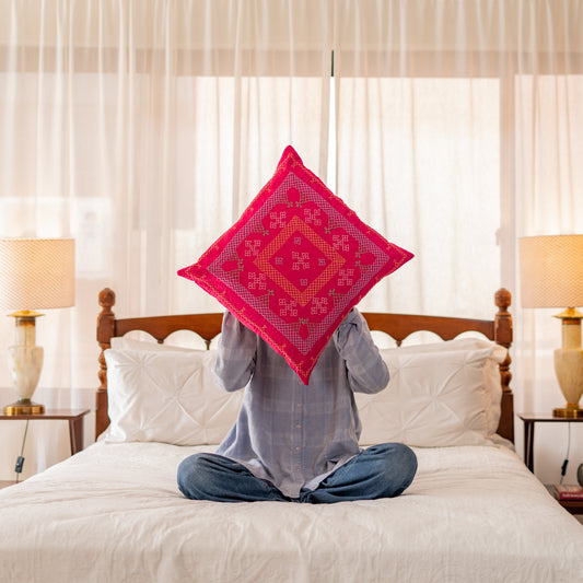 Pink Yogi Hand-Embroidered Square Cushion