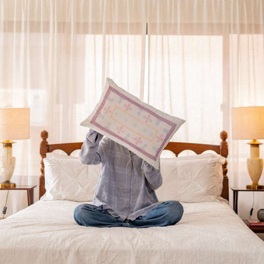 White Yogi Hand-Embroidered Rectangular Cushion