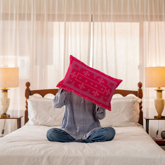 Pink Yogi Hand-Embroidered Rectangular Cushion