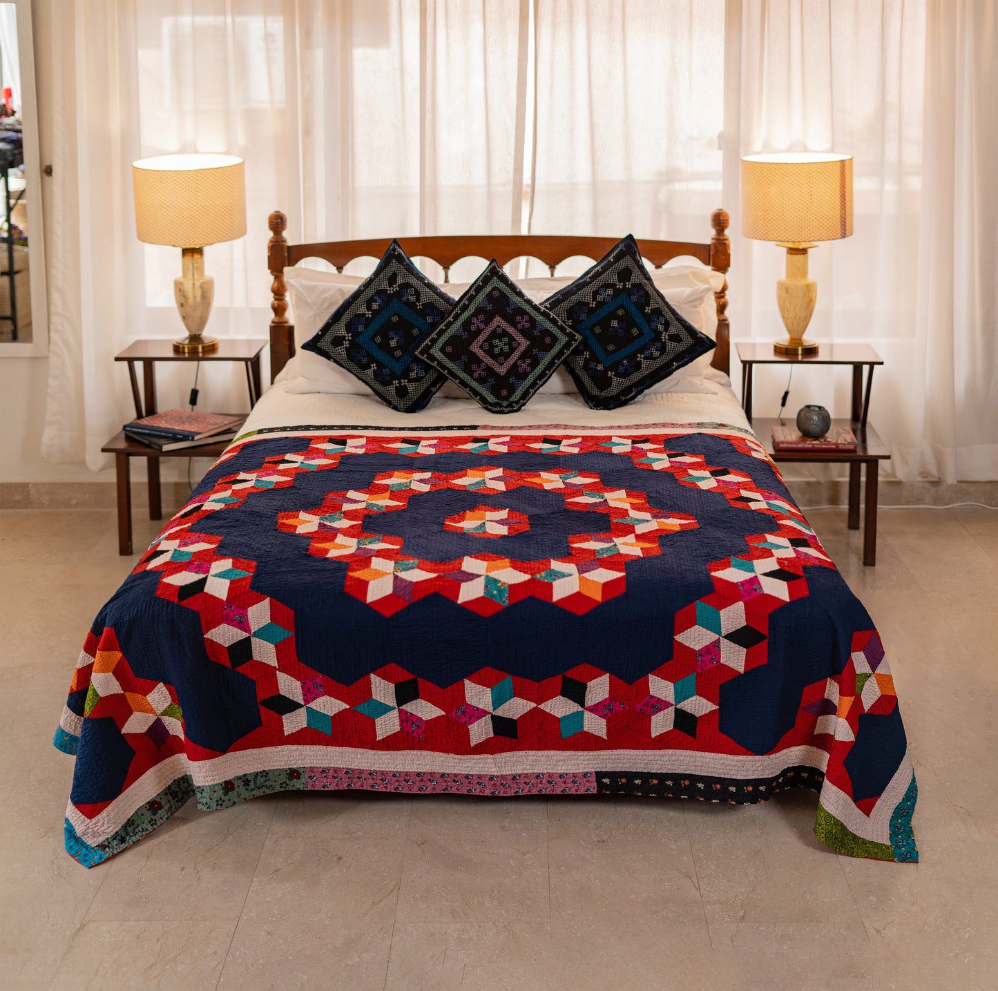 Navy Sunburst Honeycomb: Reversible Appliqué Sindhi Ralli Quilt – Handmade • Pure Cotton • Heritage Craft from Sindh (Copy (Copy)