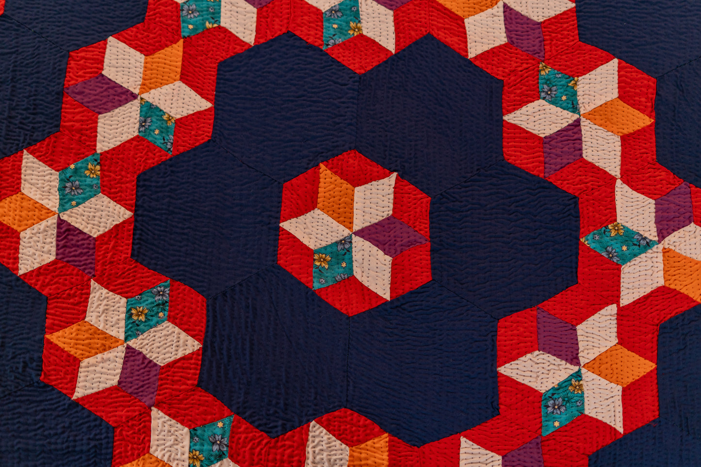 Navy Sunburst Honeycomb: Reversible Appliqué Sindhi Ralli Quilt – Handmade • Pure Cotton • Heritage Craft from Sindh (Copy (Copy)