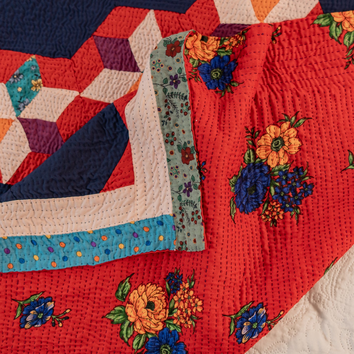 Navy Sunburst Honeycomb: Reversible Appliqué Sindhi Ralli Quilt – Handmade • Pure Cotton • Heritage Craft from Sindh (Copy (Copy)