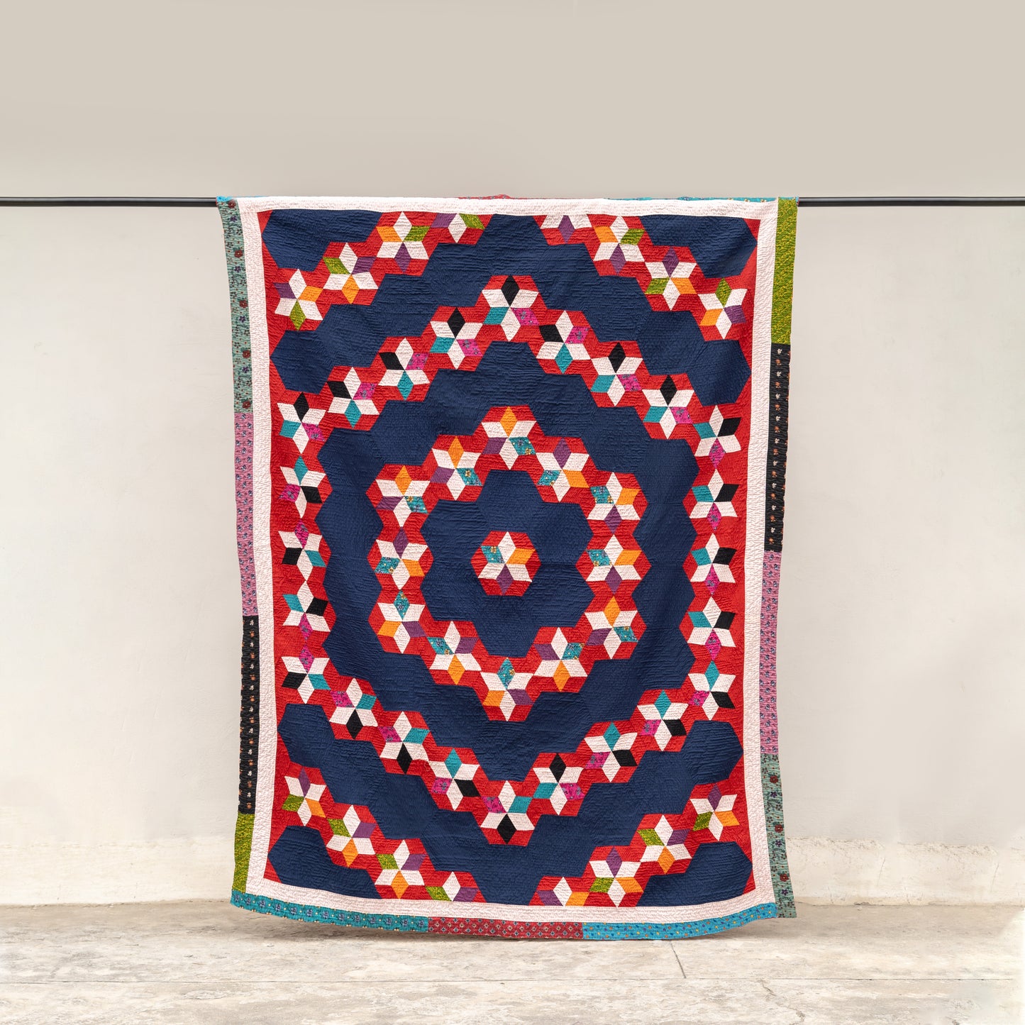 Navy Sunburst Honeycomb: Reversible Appliqué Sindhi Ralli Quilt – Handmade • Pure Cotton • Heritage Craft from Sindh (Copy (Copy)