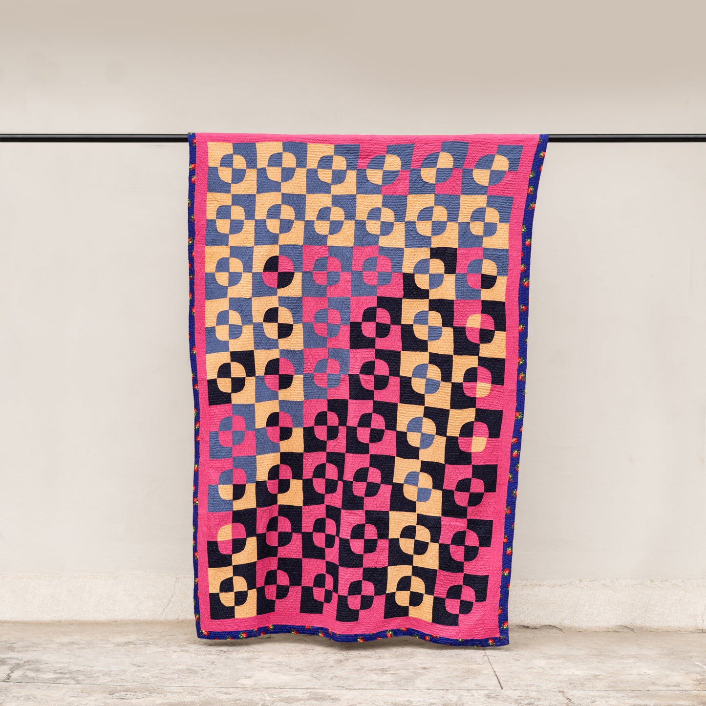 Quarter-Circle Checkerboard Reversible Sindhi Ralli Quilt– Handmade • Pure Cotton • Heritage Craft from Sindh