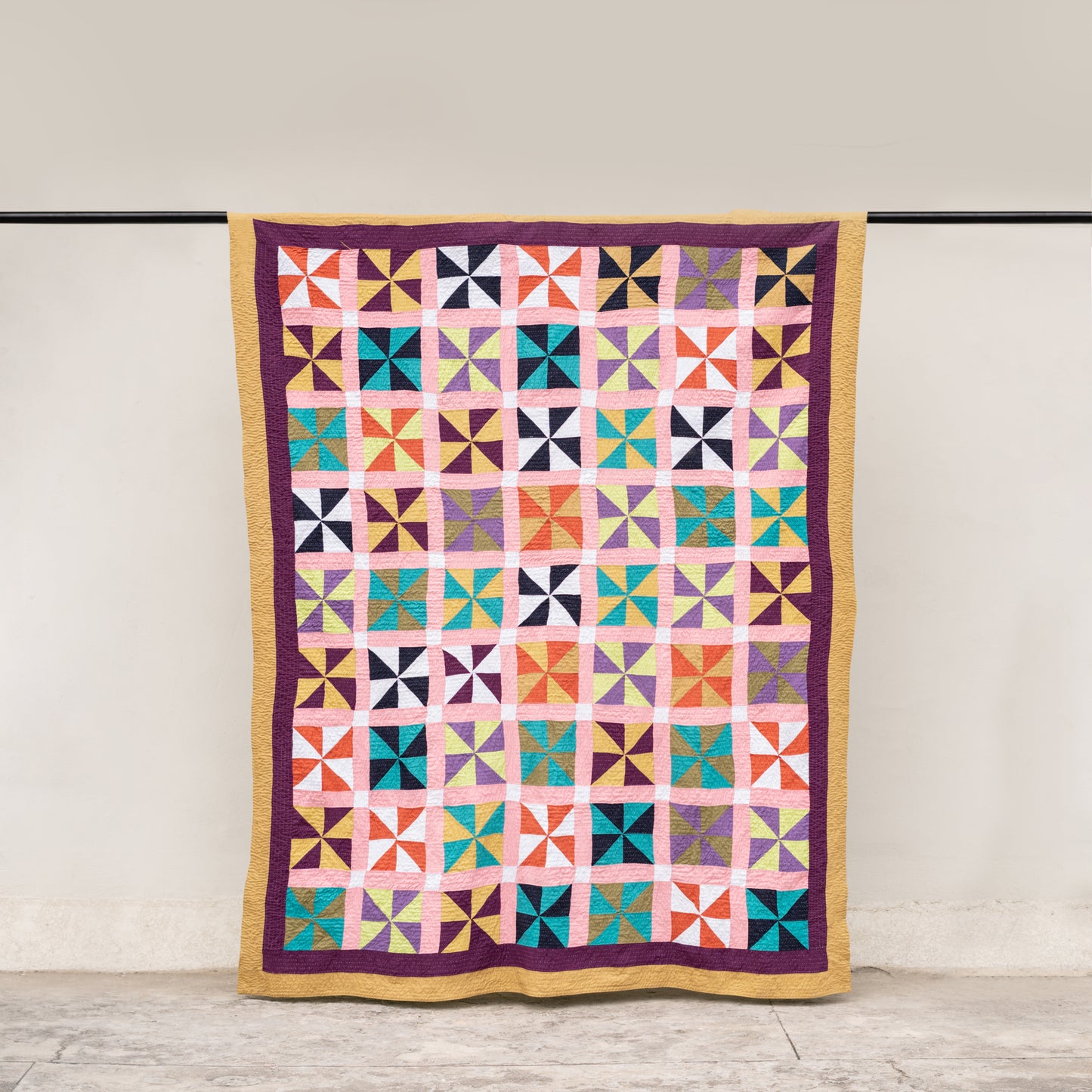 Multi-Color Whirling Petals Reversible Handmade Patchwork Sindhi Ralli Quilt
