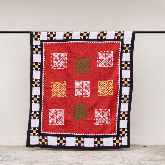 Red Heritage Medallion Reversible Handmade Appliqué Sindhi Ralli Quilt