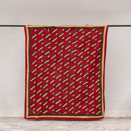 Crimson, Mustard & Brown Desert Stripe Reversible Handmade Patchwork Sindhi Ralli Quilt– Handmade • Pure Cotton • Heritage Craft from Sindh