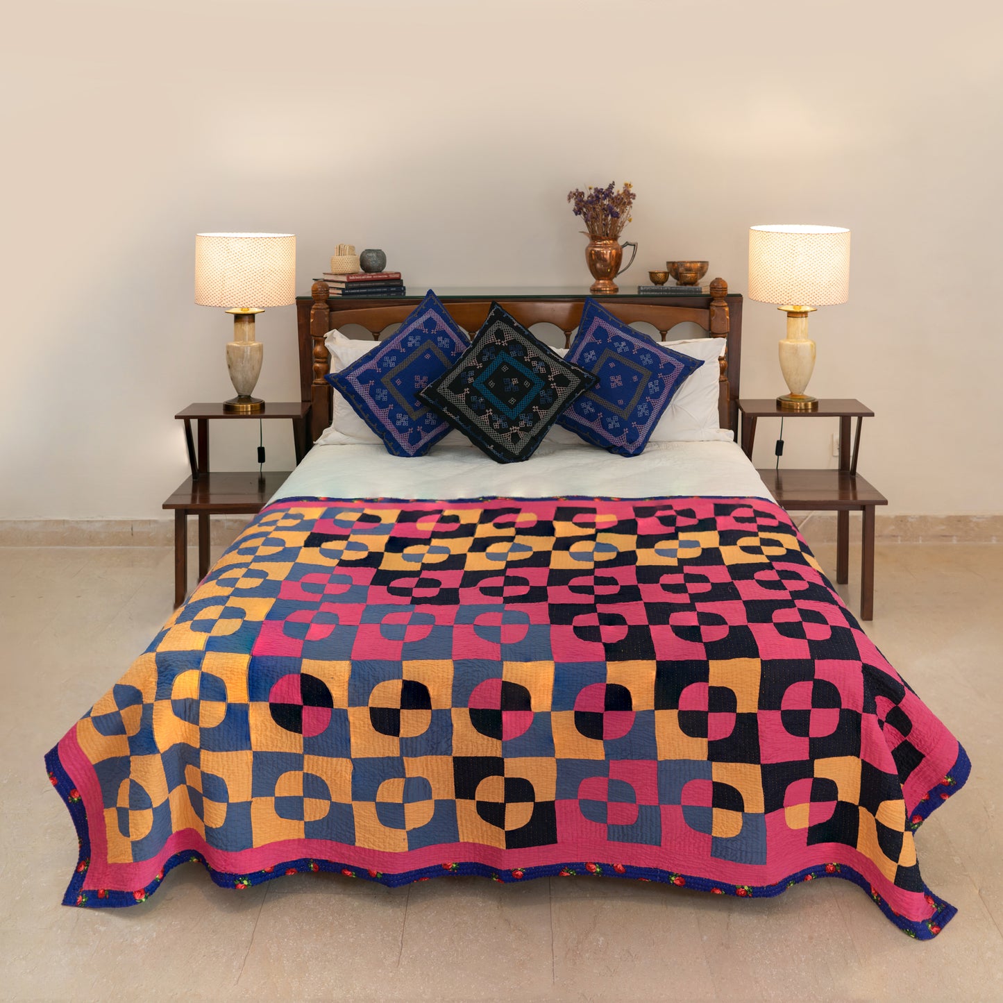 Quarter-Circle Checkerboard Reversible Sindhi Ralli Quilt– Handmade • Pure Cotton • Heritage Craft from Sindh