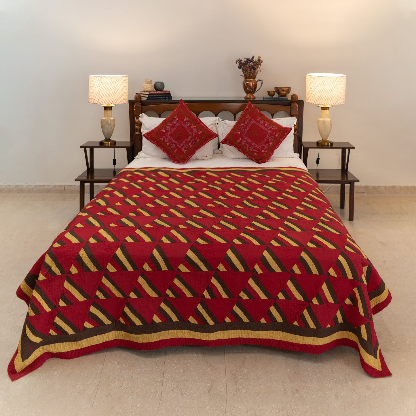 Crimson, Mustard & Brown Desert Stripe Reversible Handmade Patchwork Sindhi Ralli Quilt– Handmade • Pure Cotton • Heritage Craft from Sindh