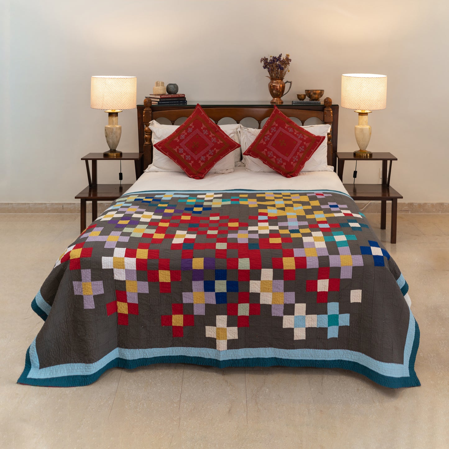 Dark Grey Multi-Color Pixel Mosaic Handmade Sindhi Rilli Quilt– Handmade • Pure Cotton • Heritage Craft from Sindh (Copy)