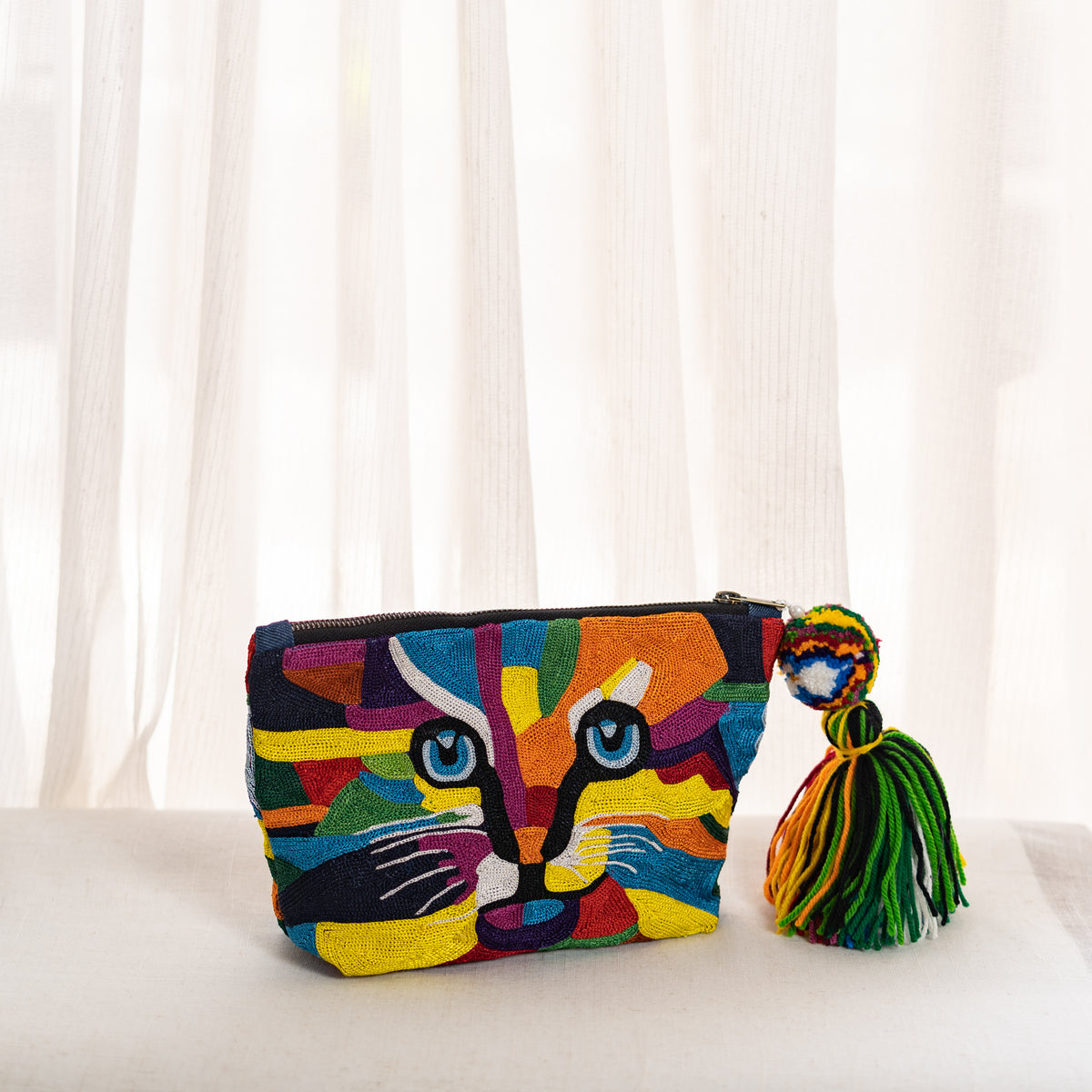 Vibrant Cat Hand-Embroidered RC Bag | Handmade By Rural Artisan