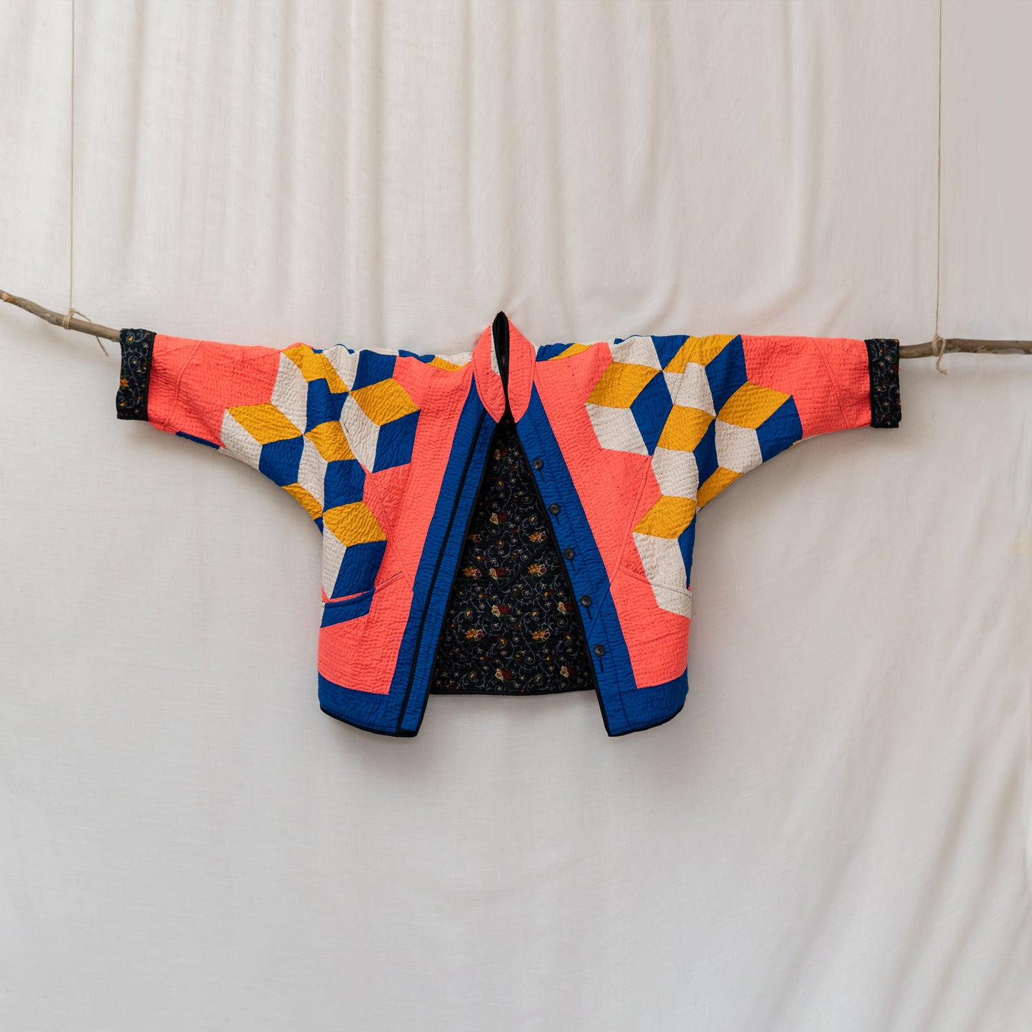 Handmade Ralli Reversible Jacket (Coral pink & Blue Geometric Patchwork)