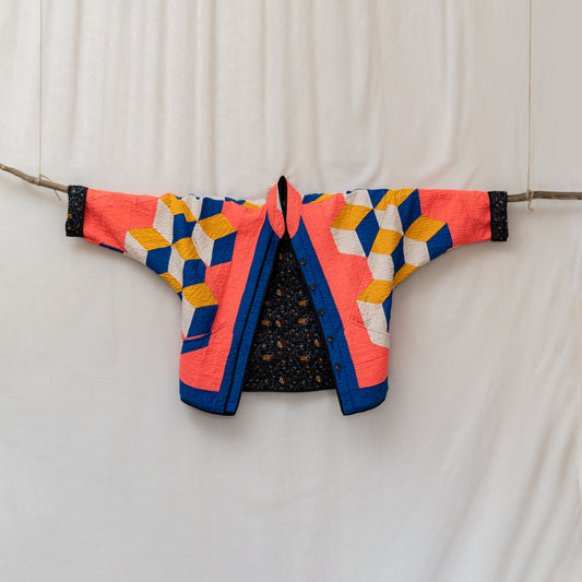 Handmade Ralli Reversible Jacket (Coral pink & Blue Geometric Patchwork)