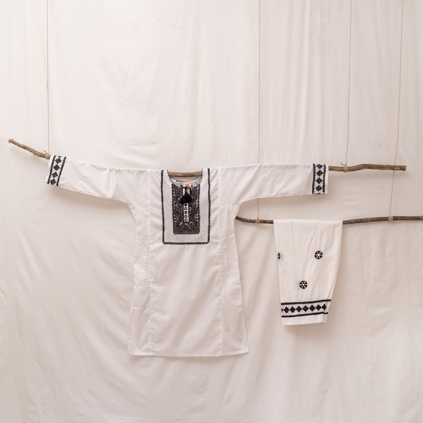 White Hurmuch Hand-Emroidered Dress Set