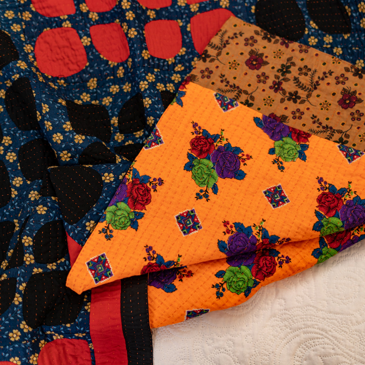 Midnight Sunburst Reversible Handmade Appliqué Sindhi Ralli Quilt