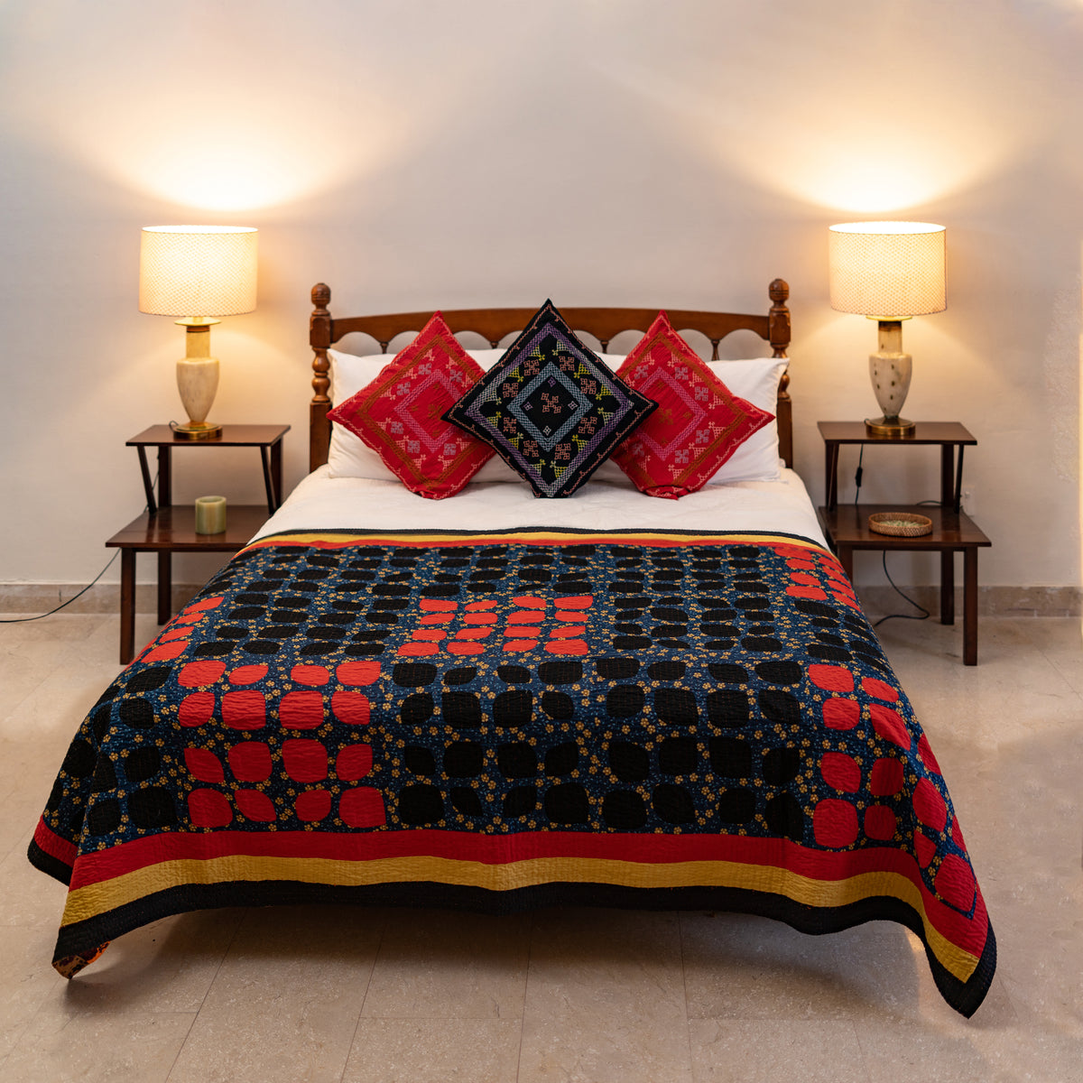 Midnight Sunburst Reversible Handmade Appliqué Sindhi Ralli Quilt