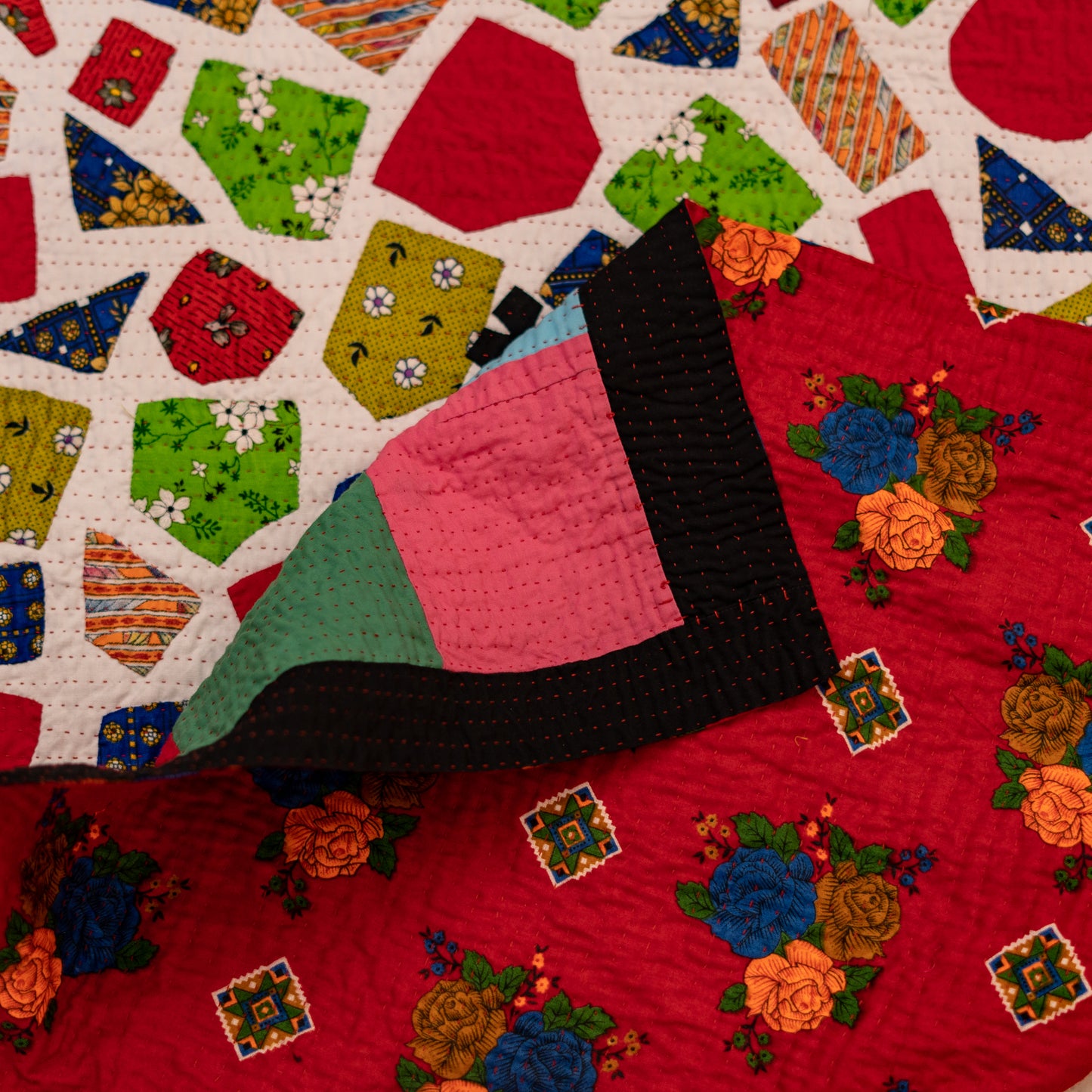Scattered Mosaic Reversible Handmade Patchwork & Appliqué Ralli Quilt