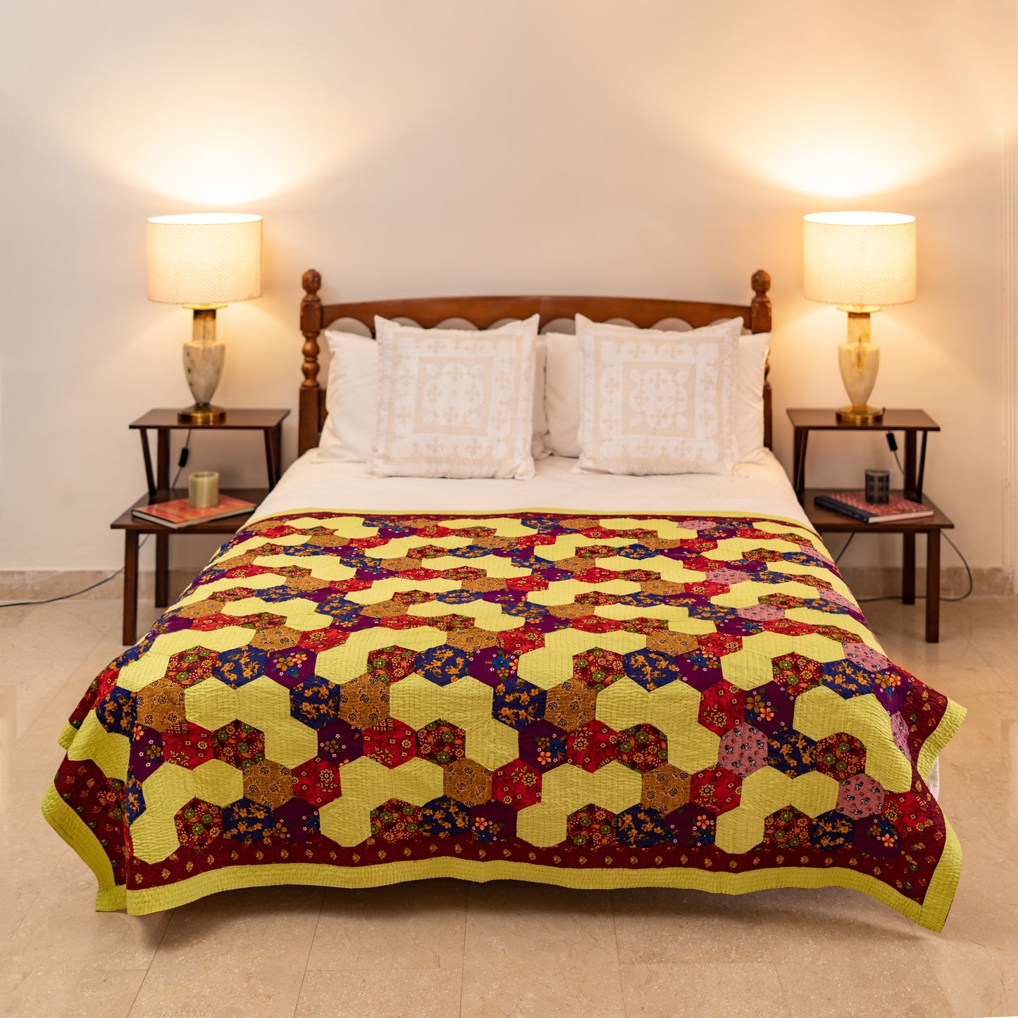 Lime Citrus & Burgundy Hexagon Patchwork Sindhi Ralli Quilt