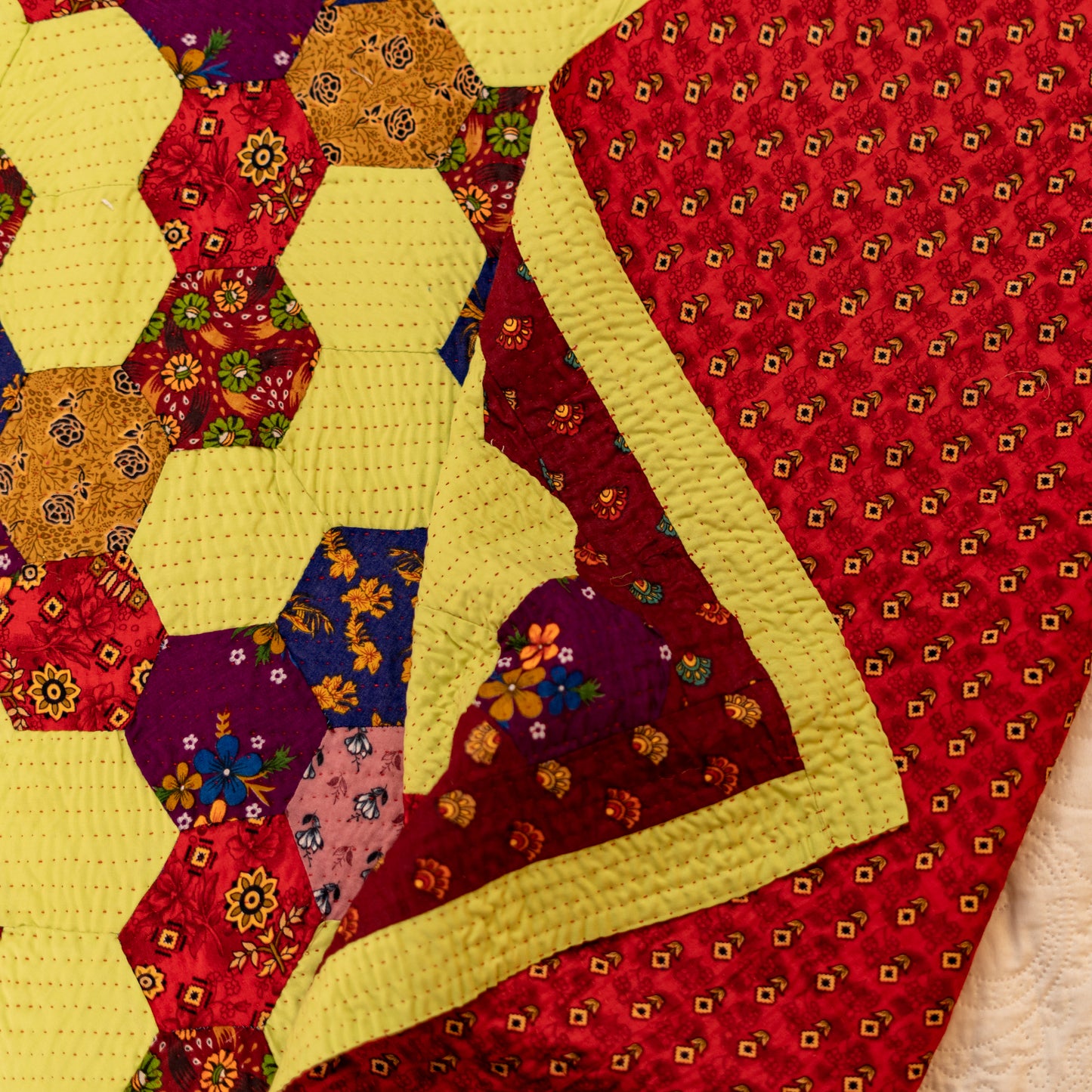 Lime Citrus & Burgundy Hexagon Patchwork Sindhi Ralli Quilt