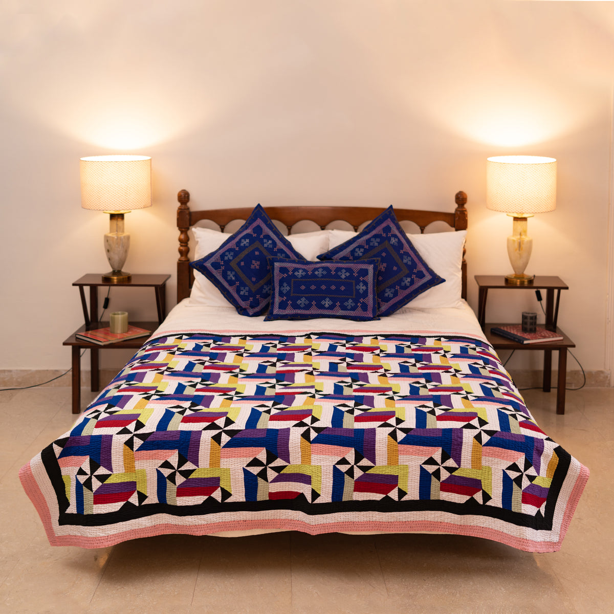 Interlocking Citrus Pinwheel & Ribbon Patchwork Sindhi Ralli Quilt