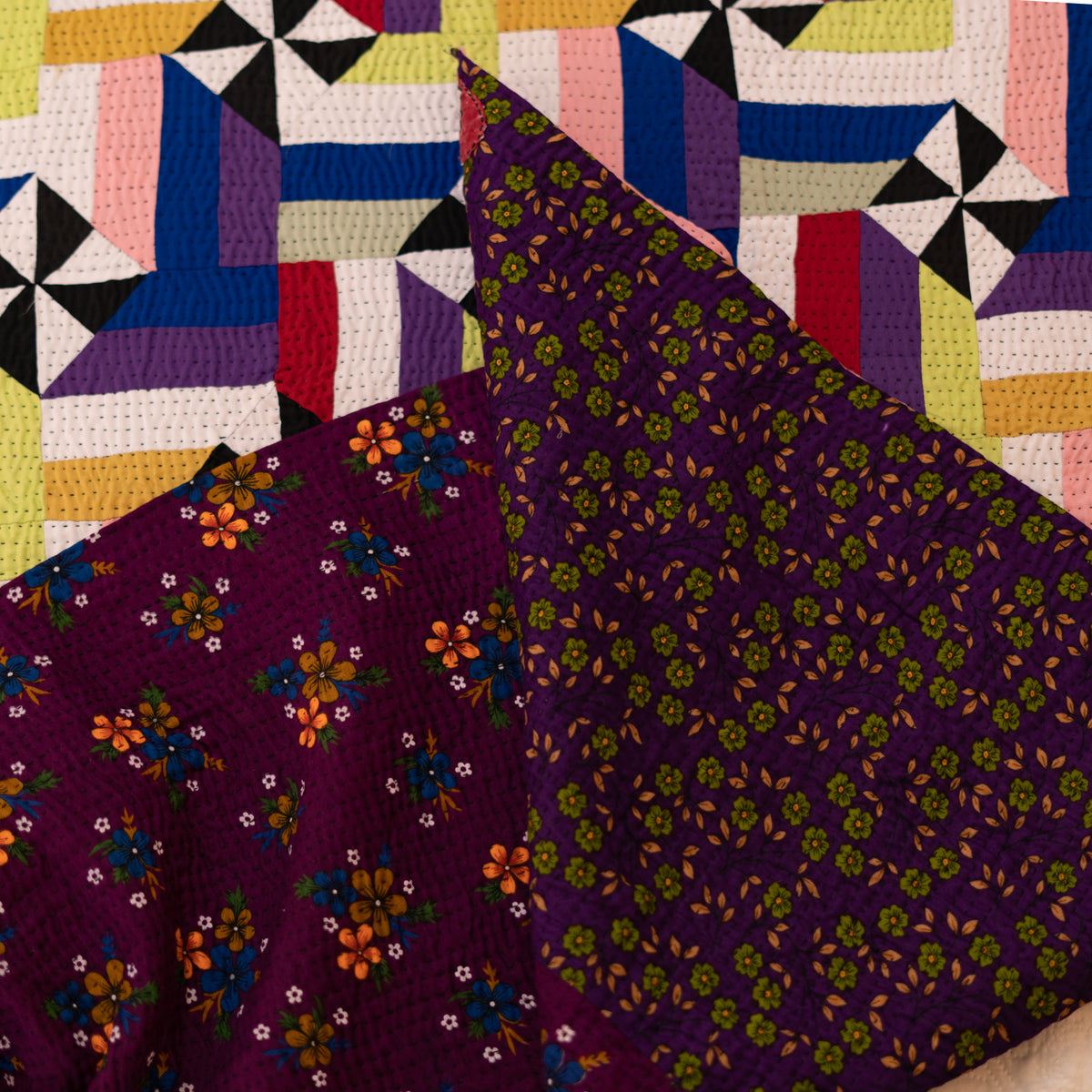 Interlocking Citrus Pinwheel & Ribbon Patchwork Sindhi Ralli Quilt