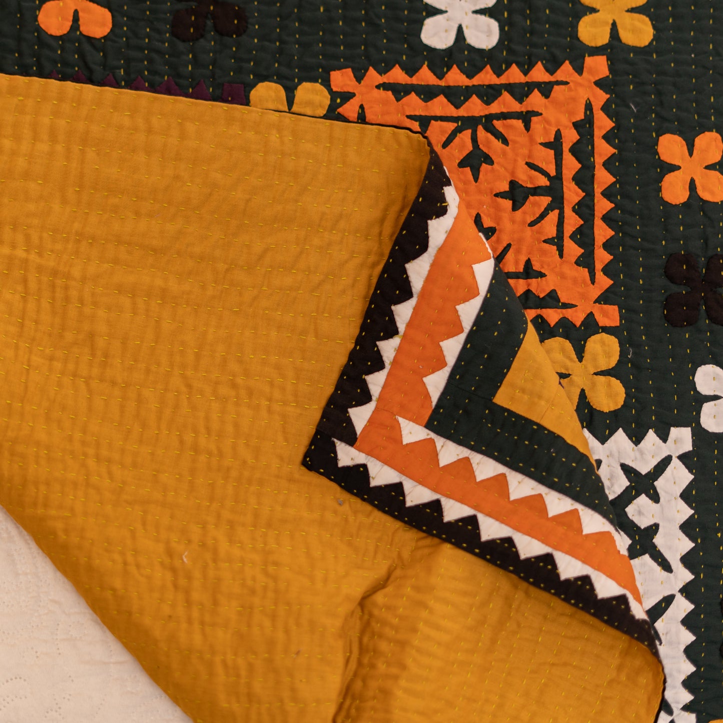 Forest Gold Heritage Reversible Handmade Appliqué Sindhi Ralli Quilt