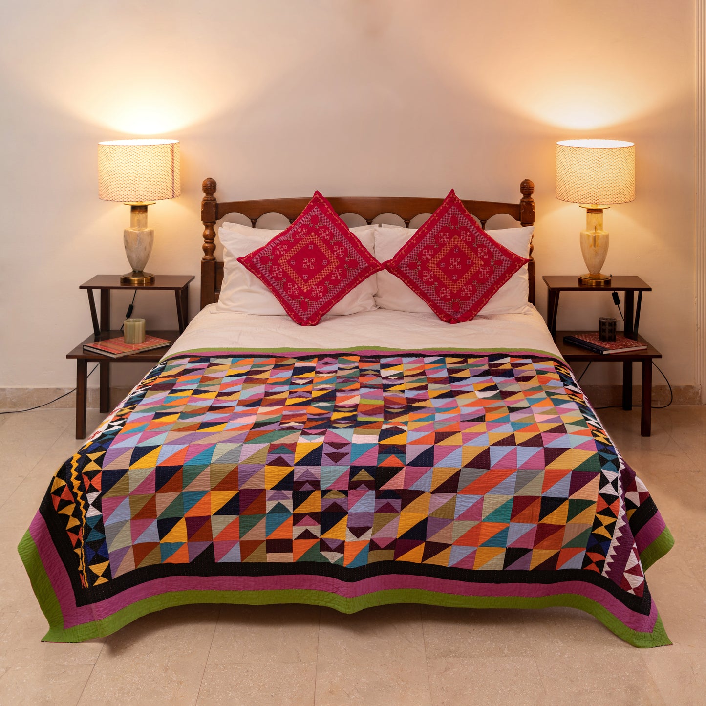 Geometric Mosaic Handmade Patchwork Sindhi Ralli Quilt