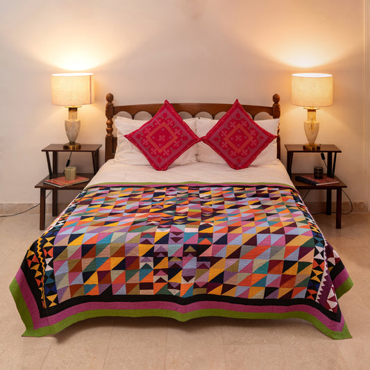 Geometric Mosaic Handmade Patchwork Sindhi Ralli Quilt