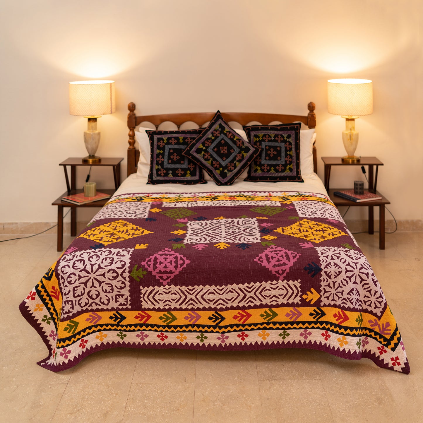 Imperial Plum Tree-of-Life Appliqué Sindhi Ralli Quilt