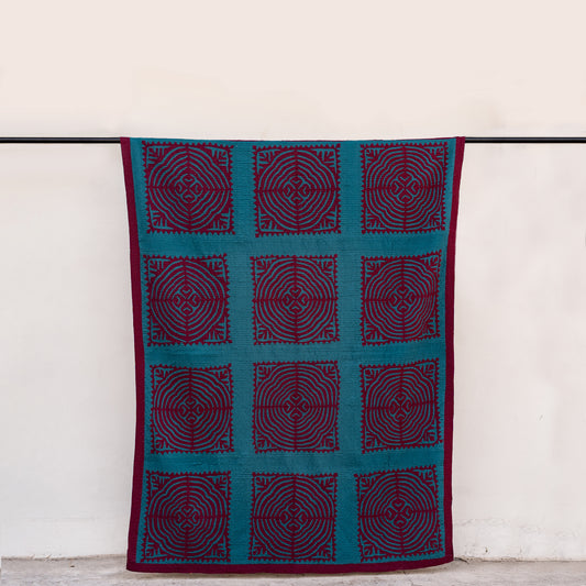 Turquoise Labyrinth Handmade Appliqué Sindhi Ralli Quilt – Handmade • Pure Cotton • Heritage Craft from Sindh