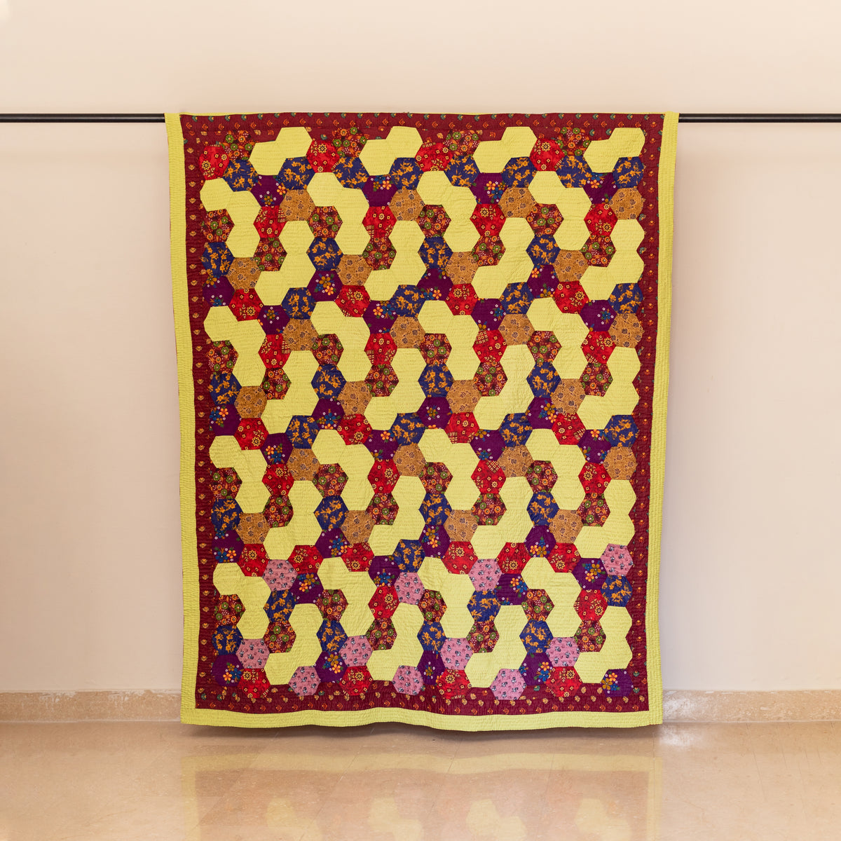 Lime Citrus & Burgundy Hexagon Patchwork Sindhi Ralli Quilt